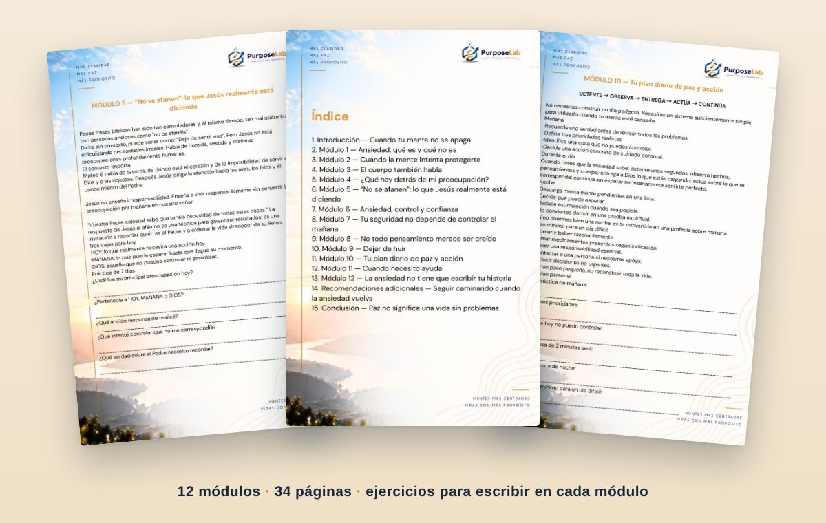 Así se ve el libro por dentro: el índice con los 12 módulos, el Módulo 5 y el plan diario del Módulo 10